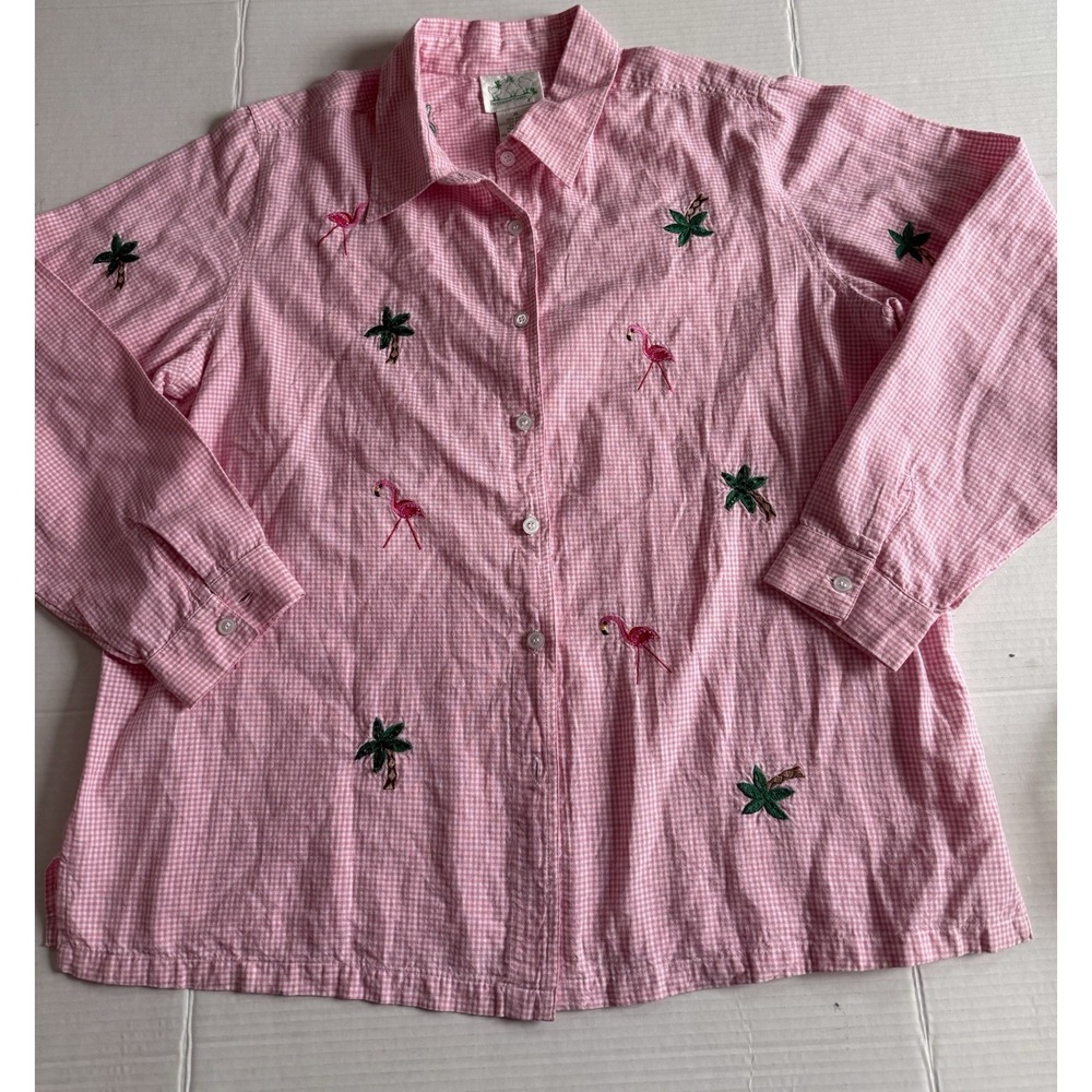 The Quacker Factory Women's Pink Striped Flamingo Long Sleeve Shirt XL  Vintage